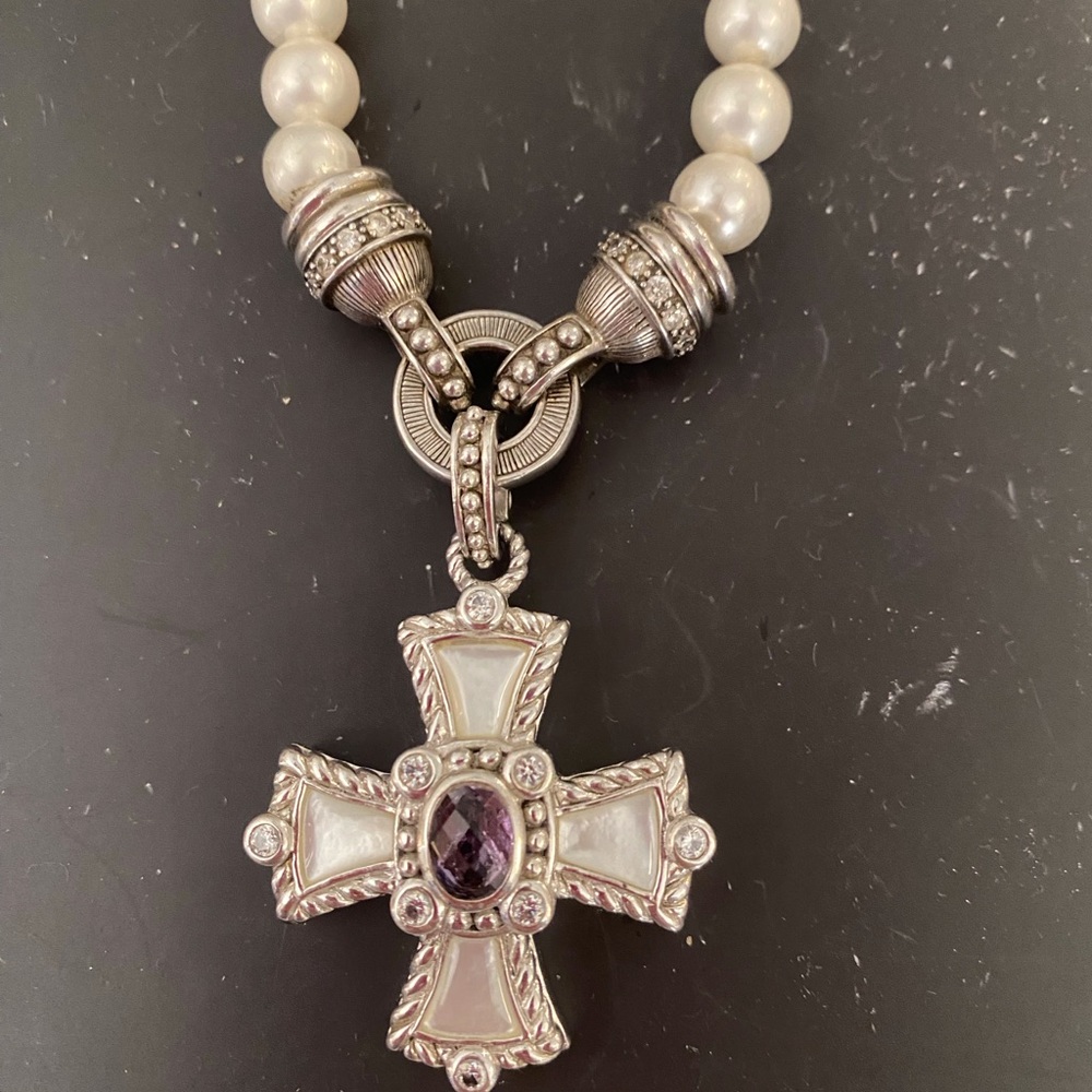 Judith Ripka Sterling Pearl Maltese Amethyst Cross